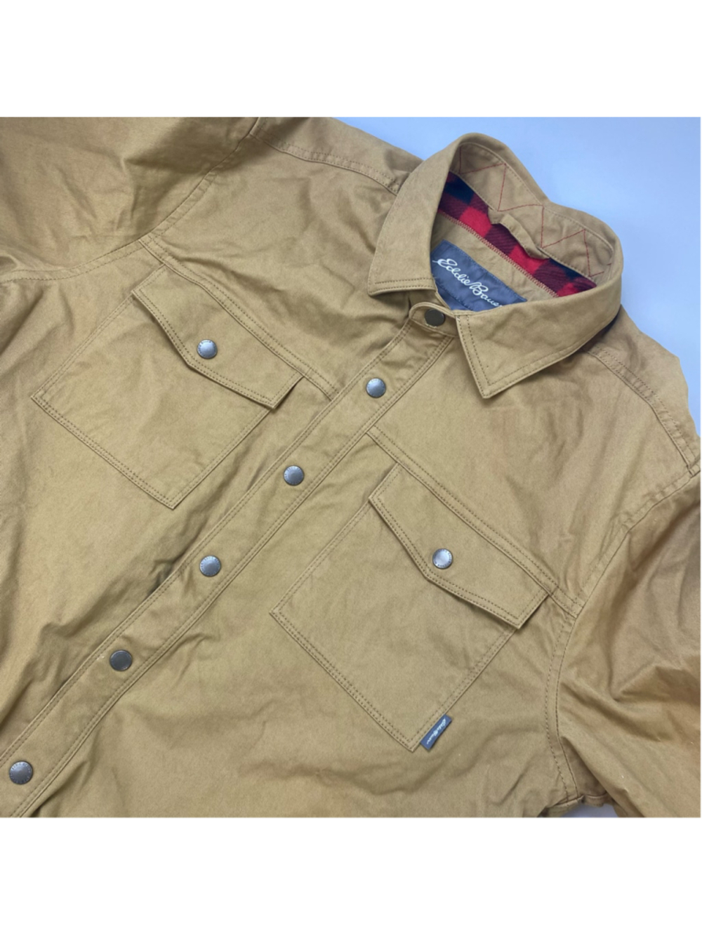 Eddie Bauer Shirt Jacket Medium Brown Buffalo Plaid Fleece Lined Outdoor Utility